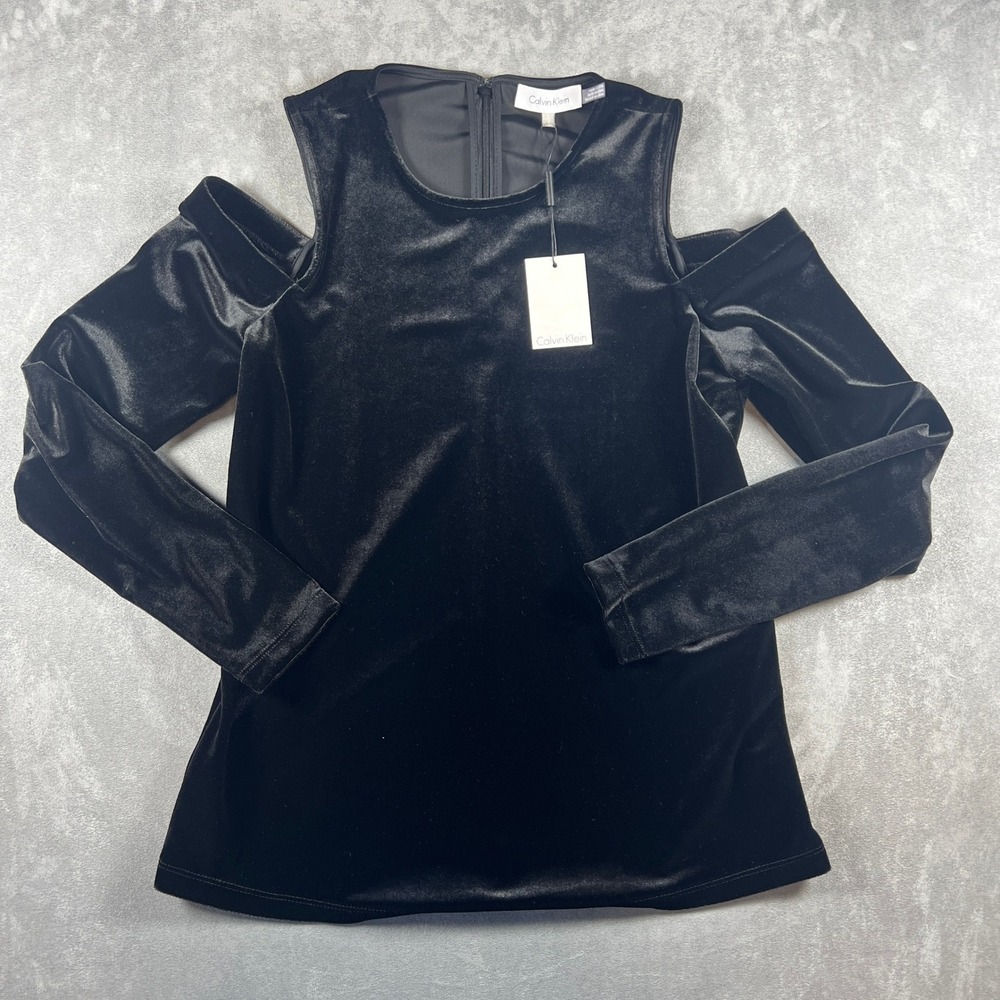 NWT Calvin Klein Womens Black Velvet Cold Shoulder Long‎ Sleeve Top Size S